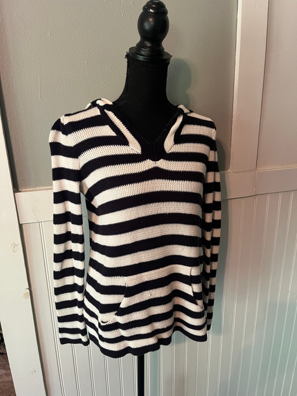 Talbots Black and White Striped V-Neck Hooded Sweater